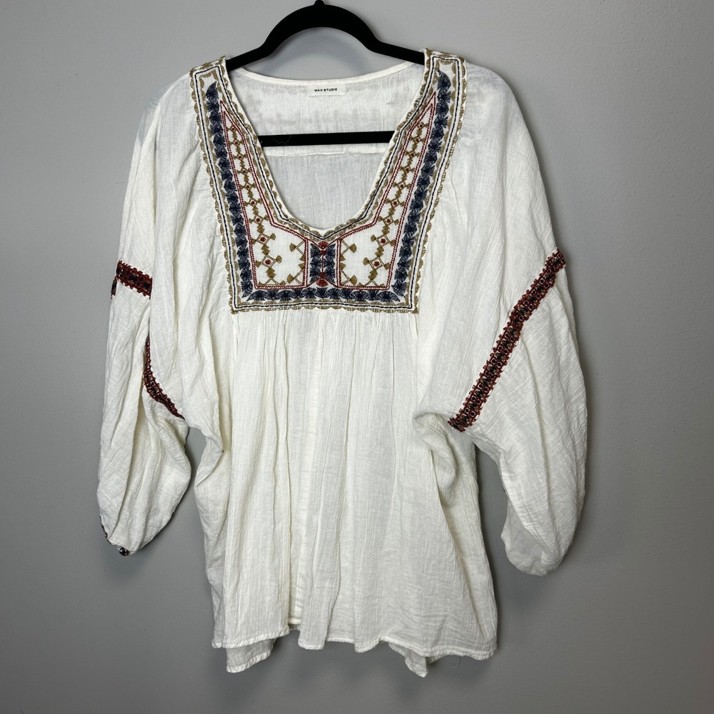 Boho balloon sleeve embroidered flowy cottagecore max‎ studios ivory  blouse